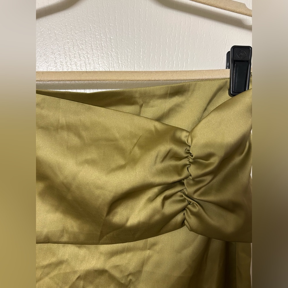 Olive Green Satin Ruched Midi Skirt - Picture 4 of 5